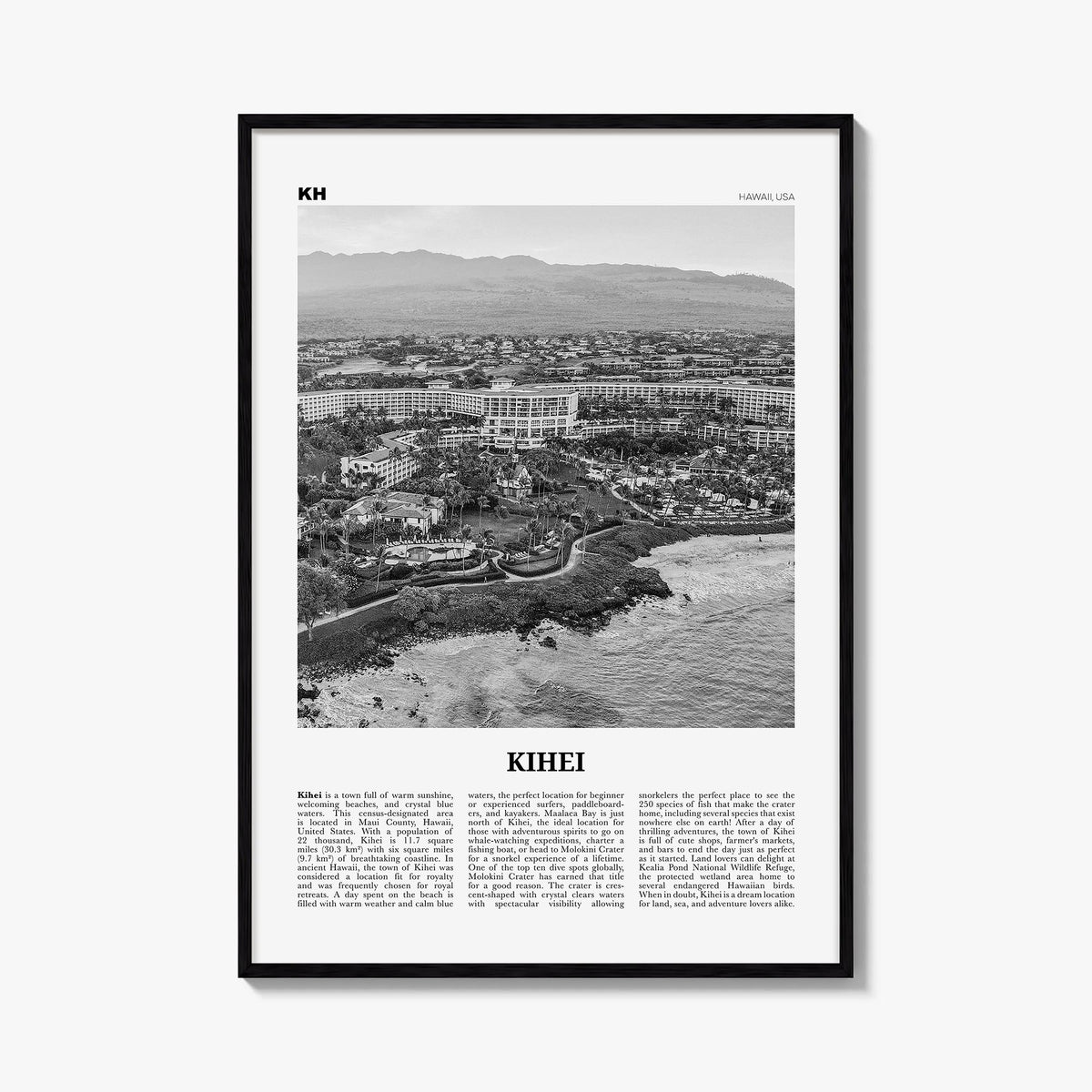 Kihei black & white newspaper poster of Hawaii, USA – vertical wall art, unframed print shown in interior mockup