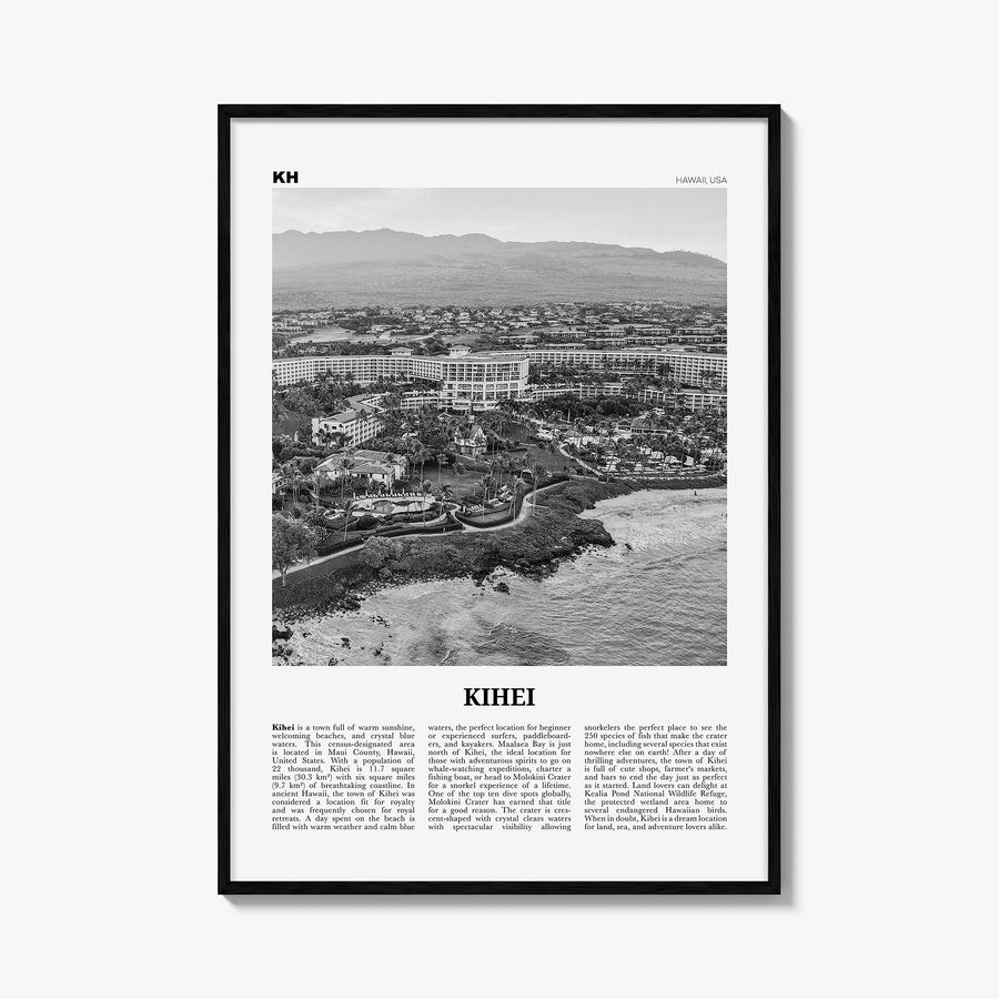Kihei black & white newspaper poster of Hawaii, USA – vertical wall art, unframed print shown in interior mockup