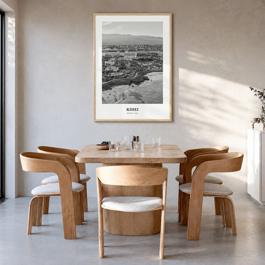 Kihei Classic Poster in a natural wood frame, hanging in a dining room