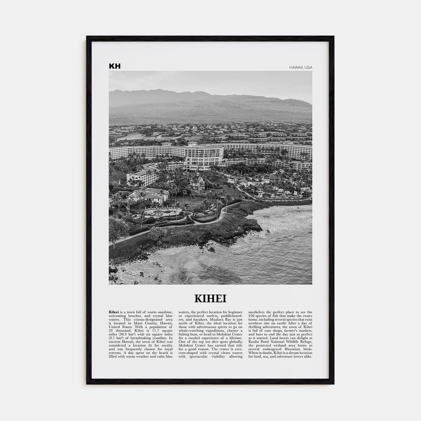 Kihei Poster Black Wood / 8x12 in Nbourhood Travel B&W Poster