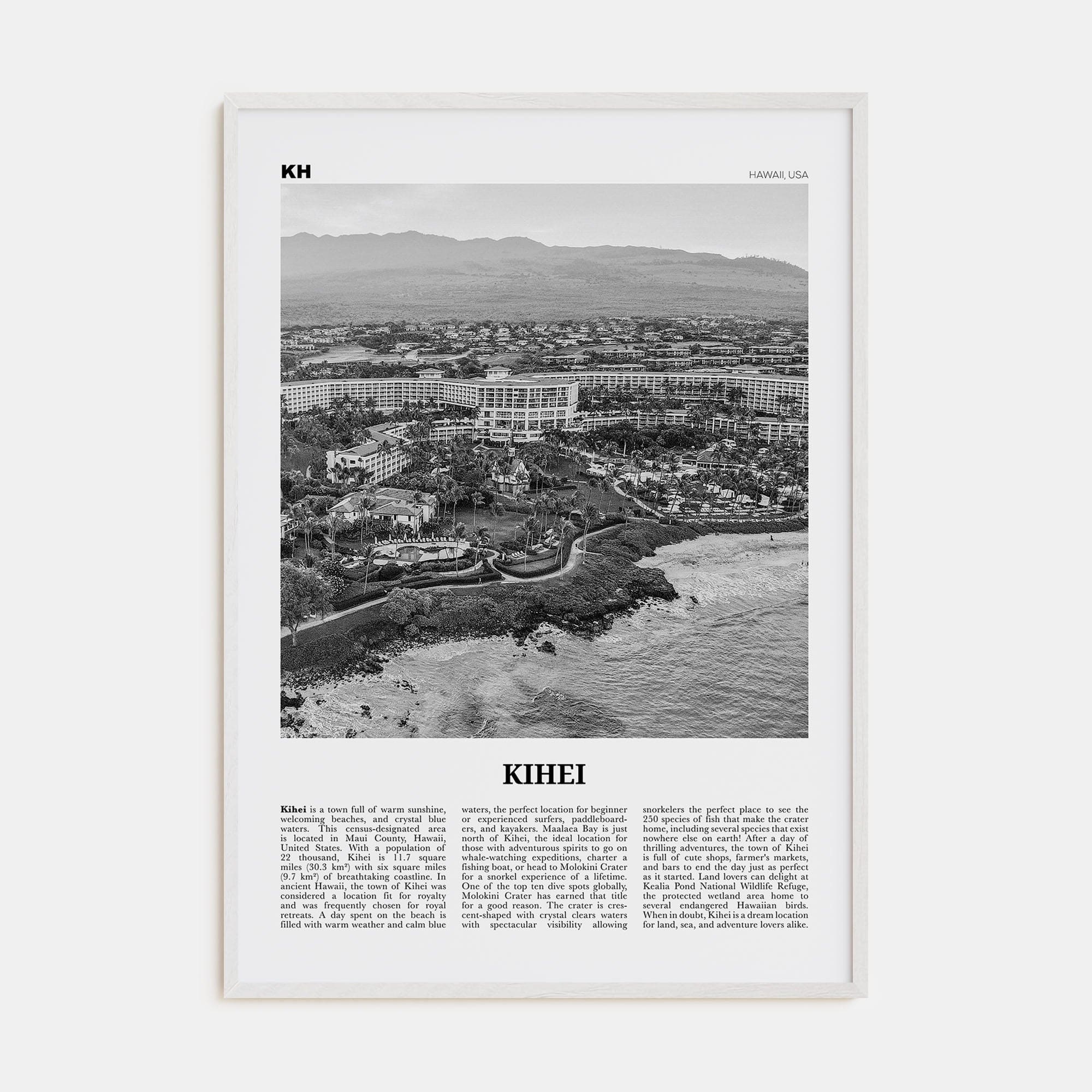 Kihei Poster White Wood / 8x12 in Nbourhood Travel B&W Poster