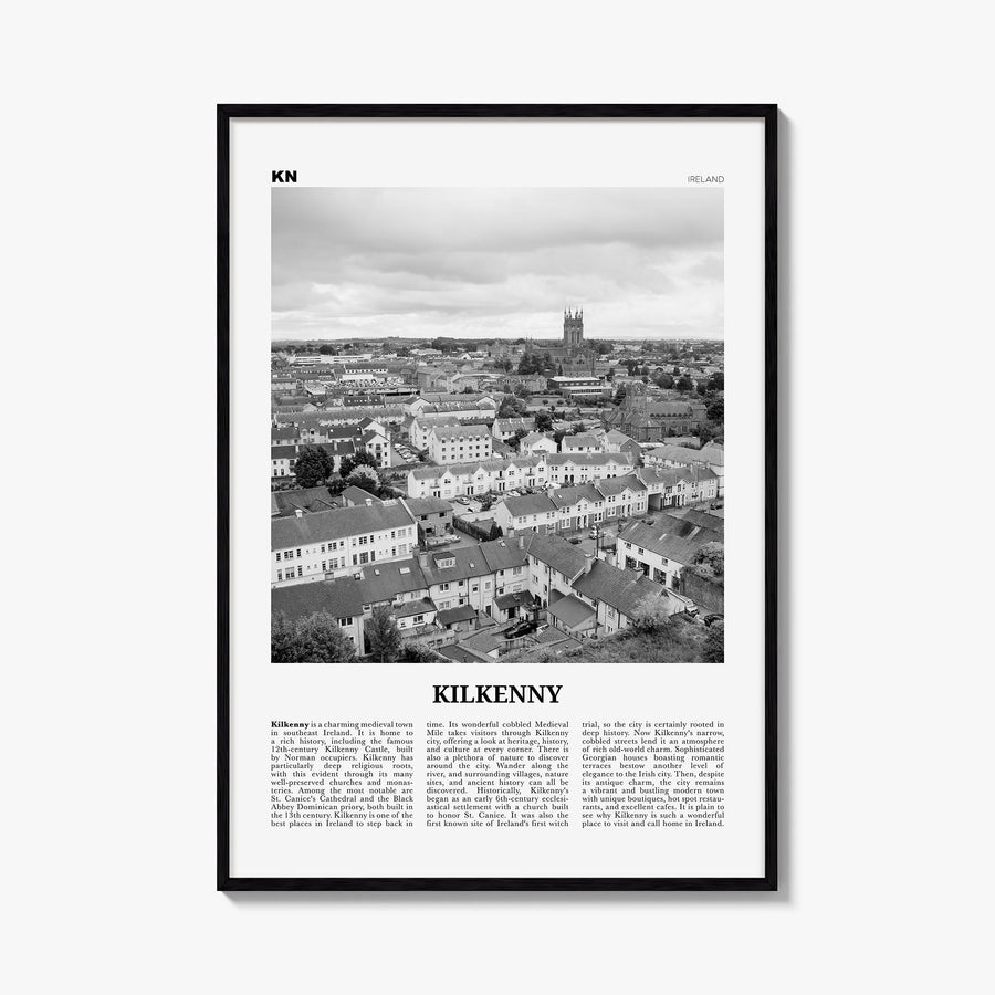 Kilkenny black & white newspaper poster of Ireland – vertical wall art, unframed print shown in interior mockup