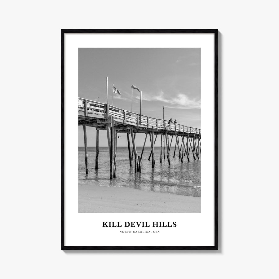 Kill Devil Hills black & white classic poster of North Carolina, USA – vertical wall art, unframed print shown in interior mo