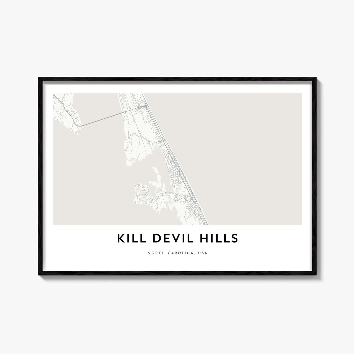 Kill Devil Hills black & white map poster of North Carolina, USA – horizontal wall art, unframed print shown in interior mock