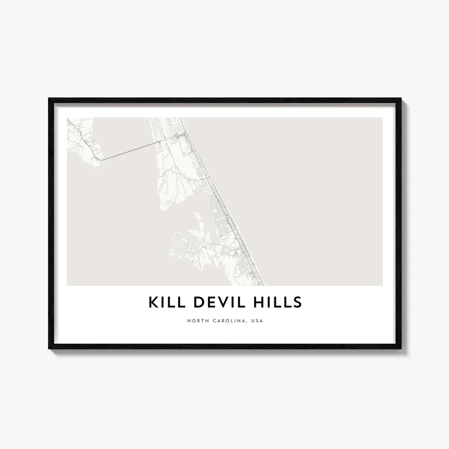 Kill Devil Hills black & white map poster of North Carolina, USA – horizontal wall art, unframed print shown in interior mock