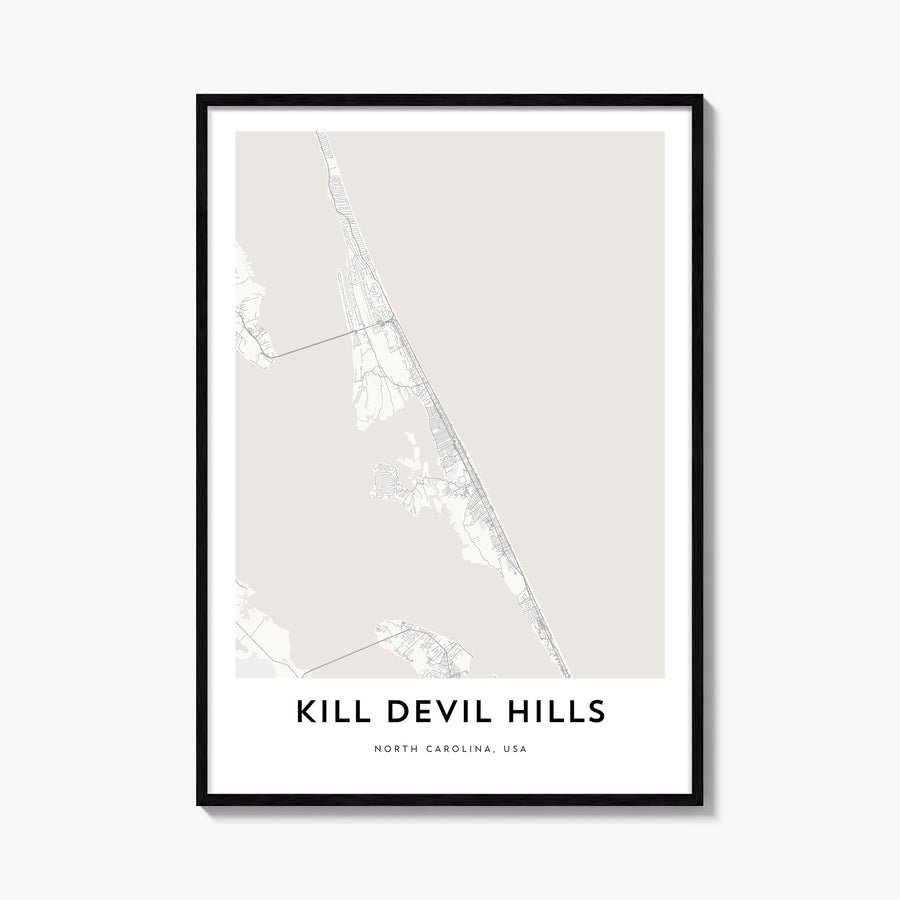 Kill Devil Hills black & white map poster of North Carolina, USA – vertical wall art, unframed print shown in interior mockup