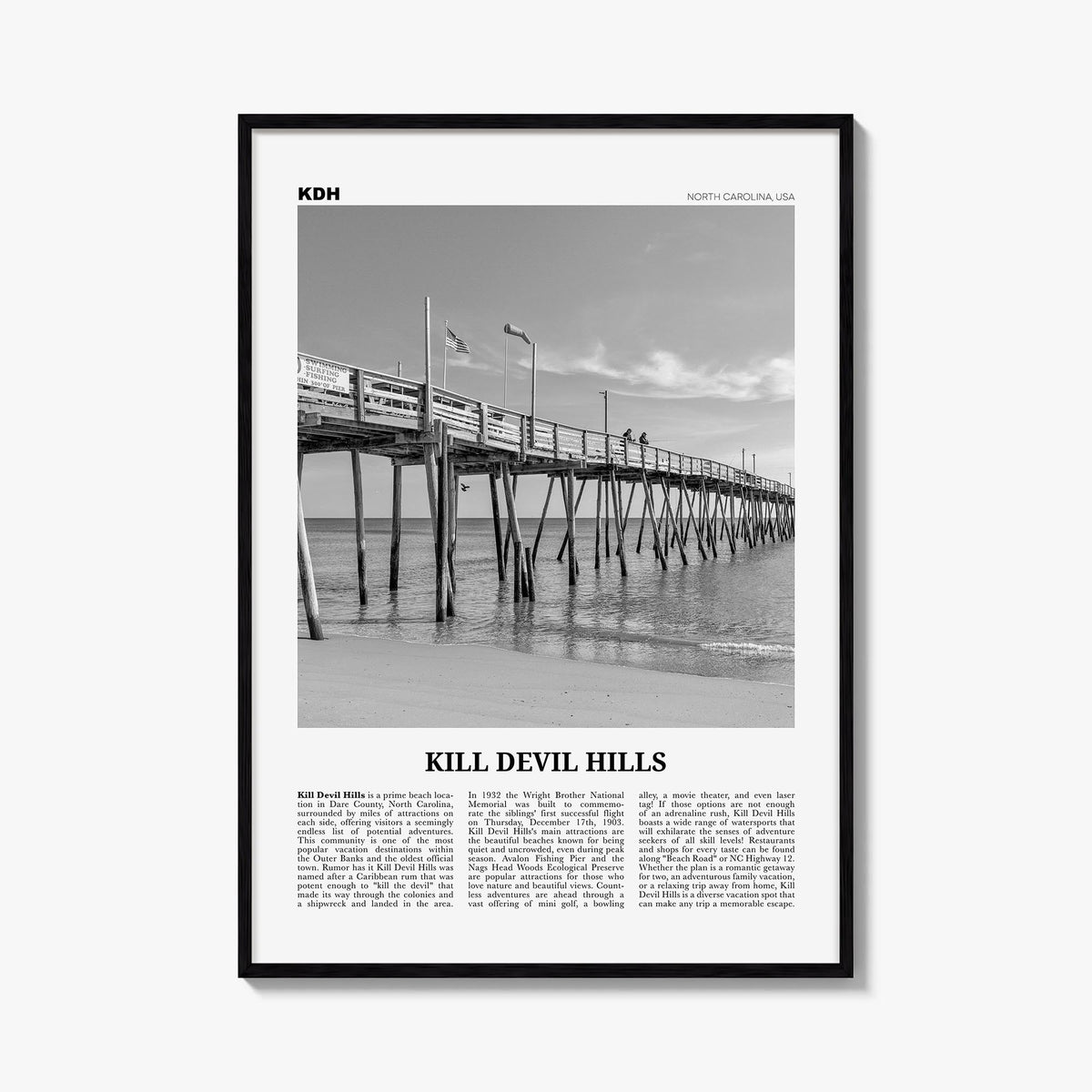 Kill Devil Hills black & white newspaper poster of North Carolina, USA – vertical wall art, unframed print shown in interior 