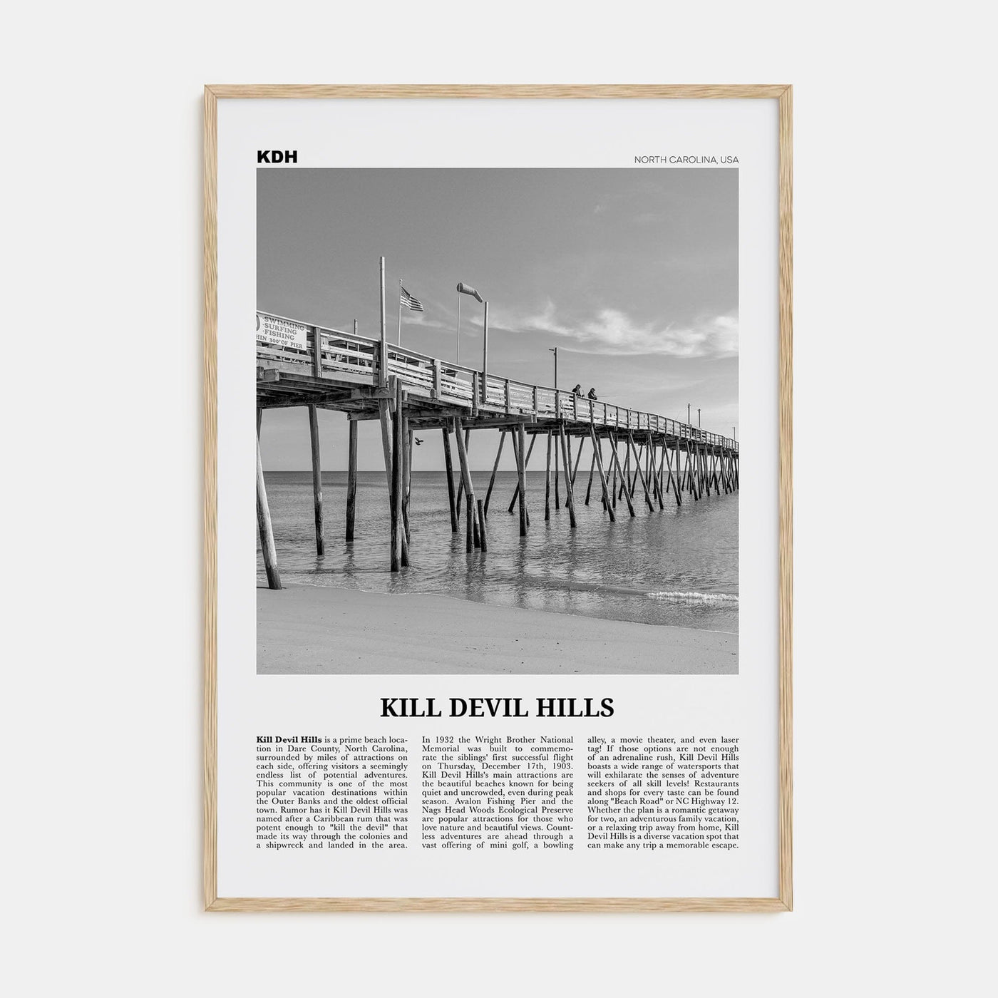 Kill Devil Hills Poster Natural Wood / 8x12 in Nbourhood Travel B&W Poster