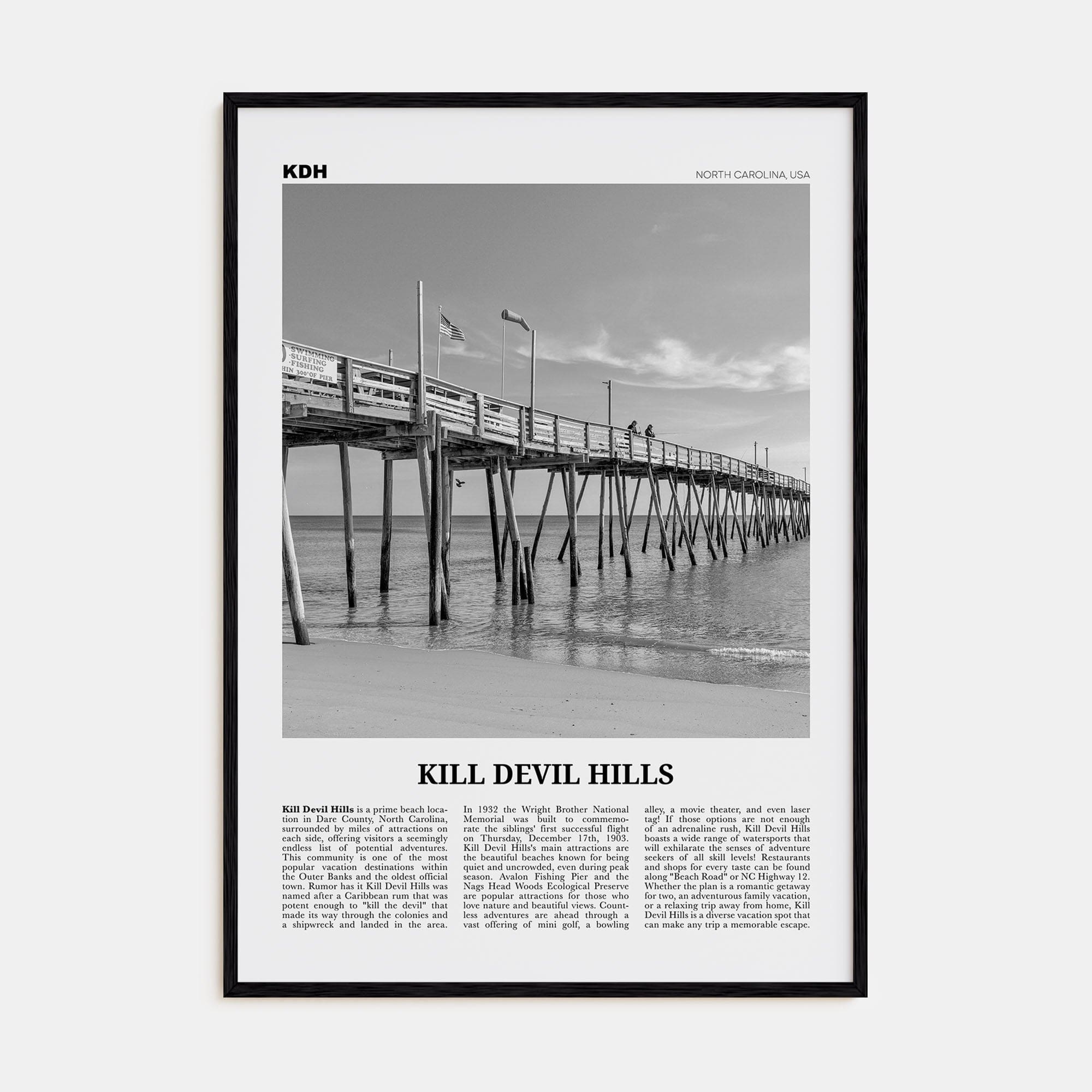 Kill Devil Hills Poster Black Wood / 8x12 in Nbourhood Travel B&W Poster