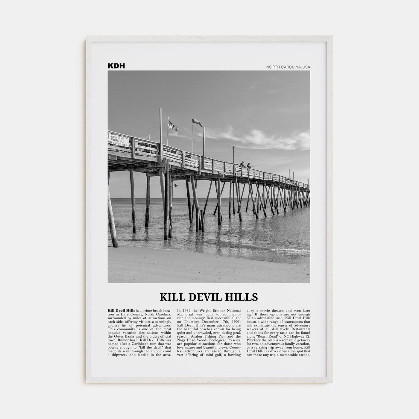 Kill Devil Hills Poster White Wood / 8x12 in Nbourhood Travel B&W Poster