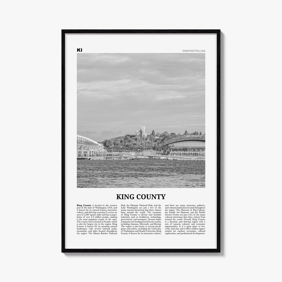 King County black & white newspaper poster of Washington, USA – vertical wall art, unframed print shown in interior mockup