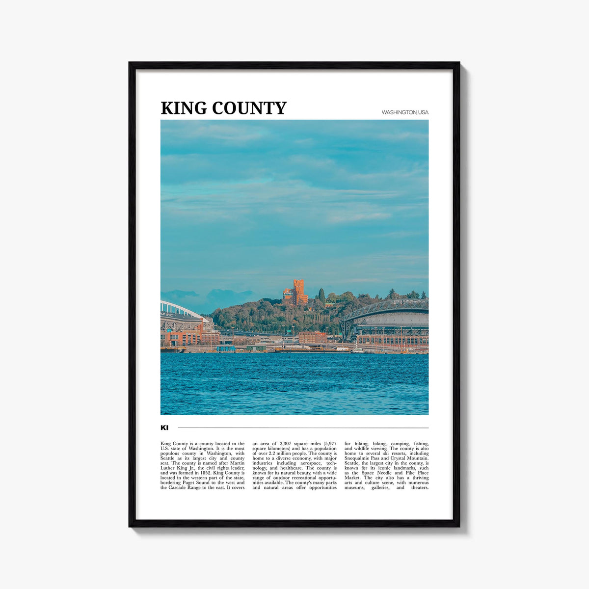 King County colorful travel poster of Washington, USA – vertical wall art, unframed print shown in interior mockup