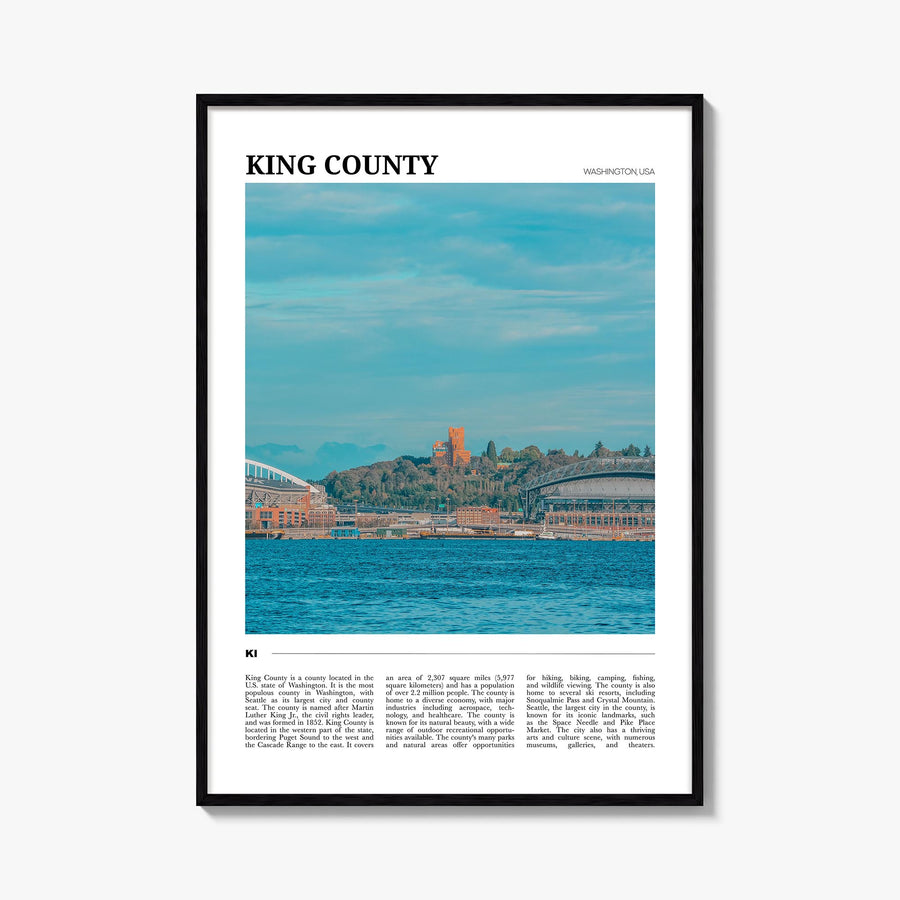 King County colorful travel poster of Washington, USA – vertical wall art, unframed print shown in interior mockup