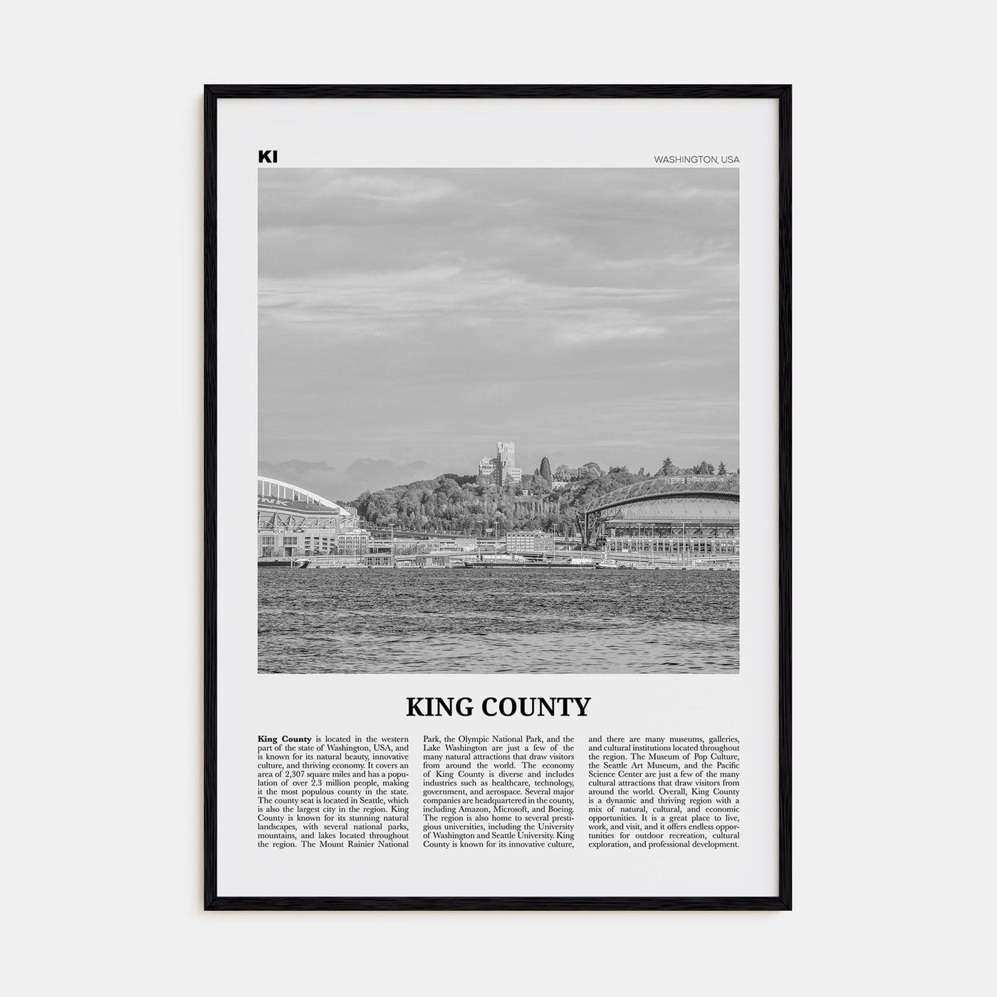 King County Poster Black Wood / 8x12 in Nbourhood Travel B&W Poster