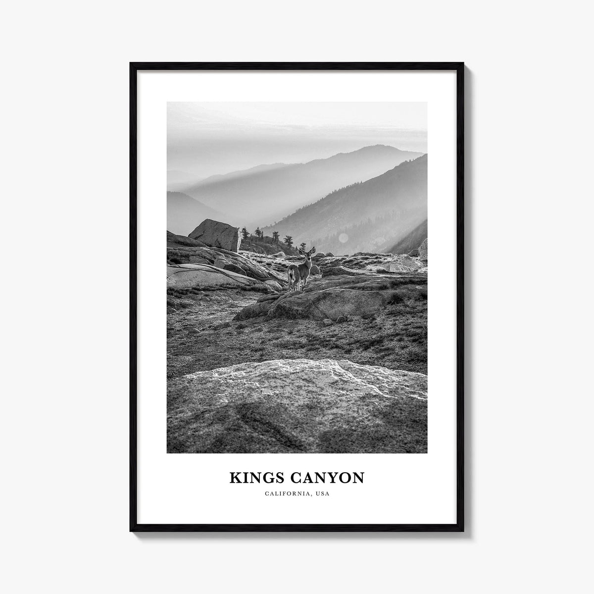 Kings Canyon National Park black & white classic poster of California, USA – vertical wall art, unframed print shown in inter
