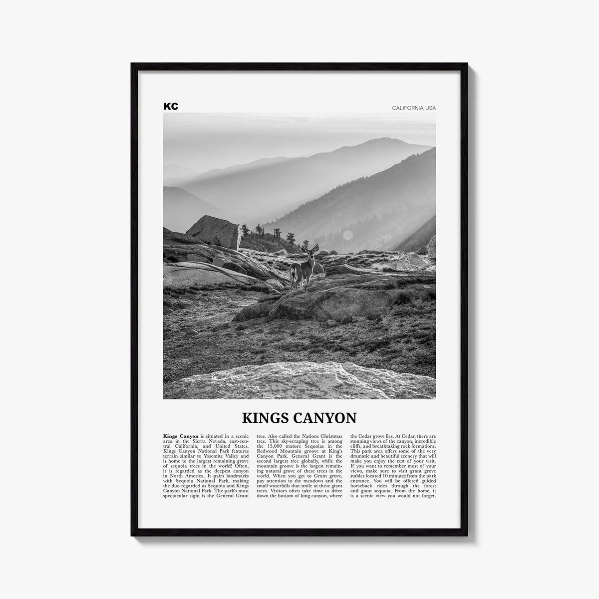 Kings Canyon National Park black & white newspaper poster of California, USA – vertical wall art, unframed print shown in int