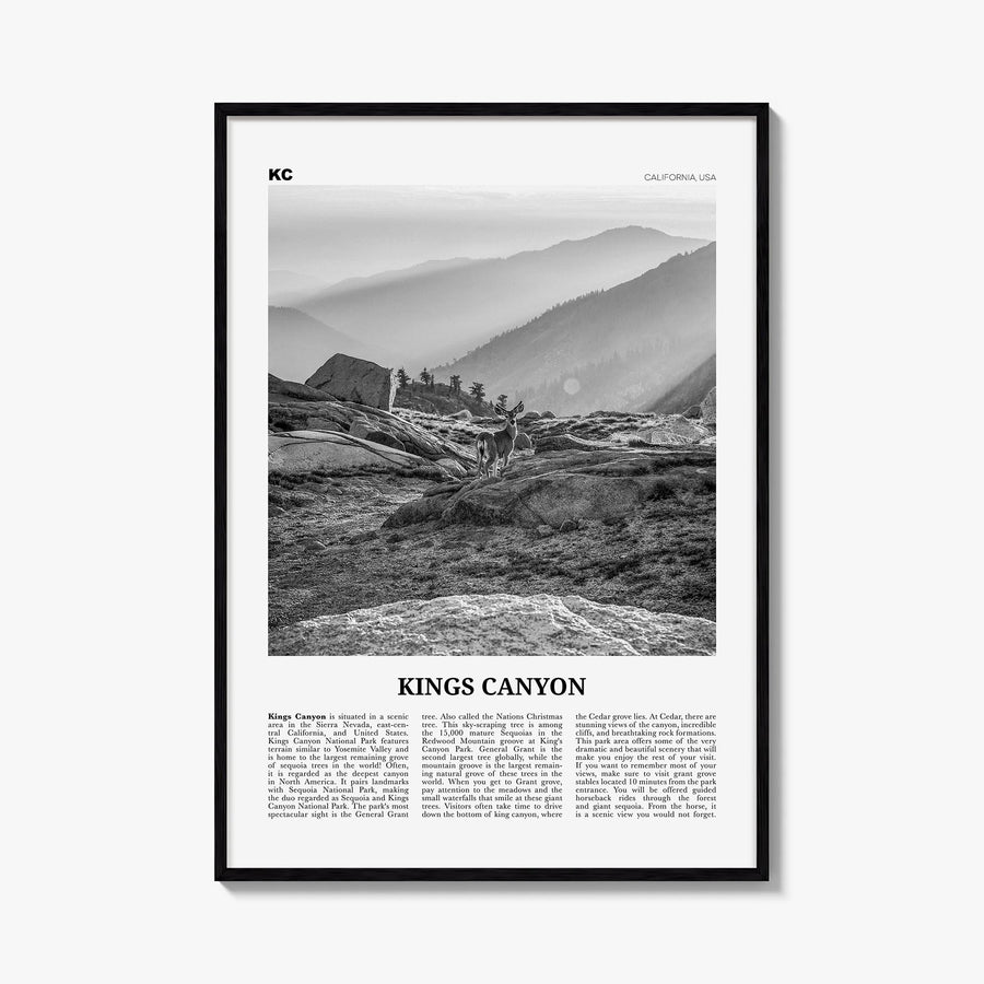 Kings Canyon National Park black & white newspaper poster of California, USA – vertical wall art, unframed print shown in int