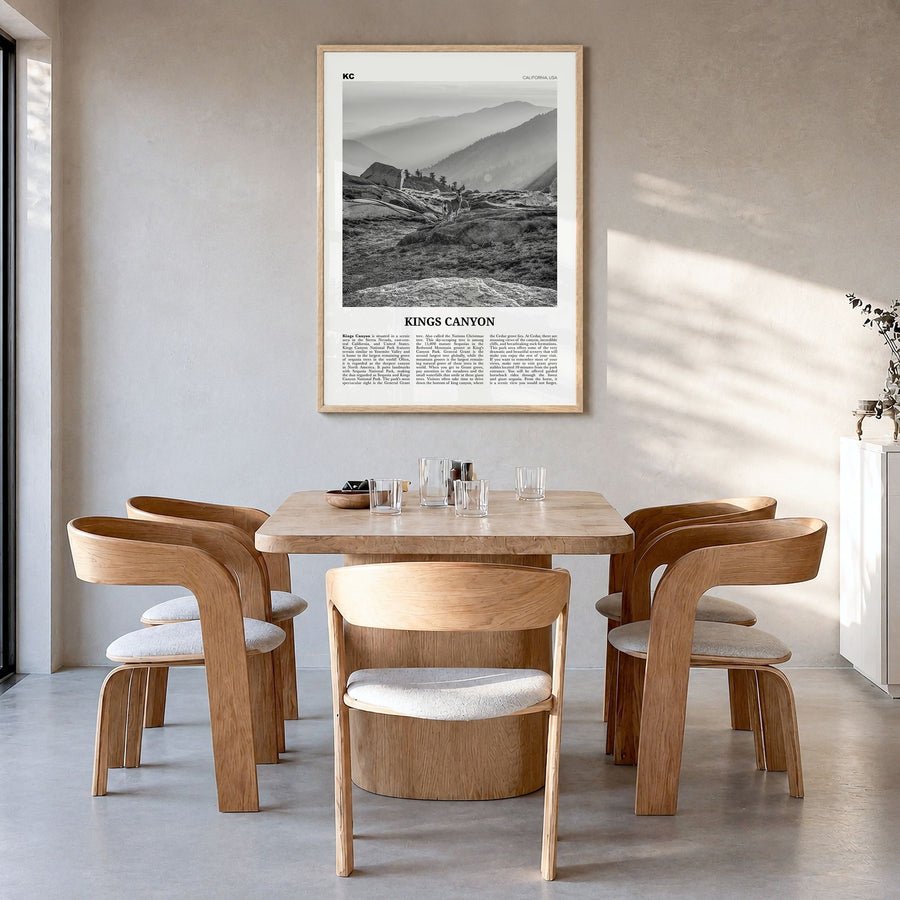Kings Canyon National Park Newspaper Poster in a natural wood frame, hanging in a dining room