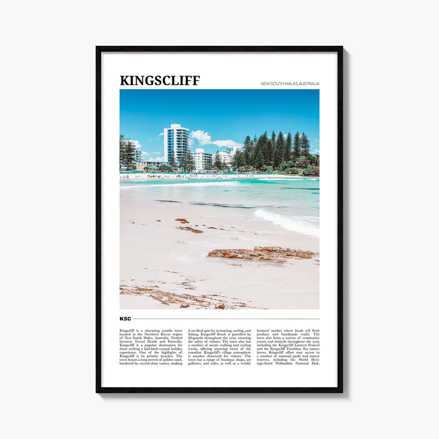Kingscliff colorful travel poster of Australia – vertical wall art, unframed print shown in interior mockup