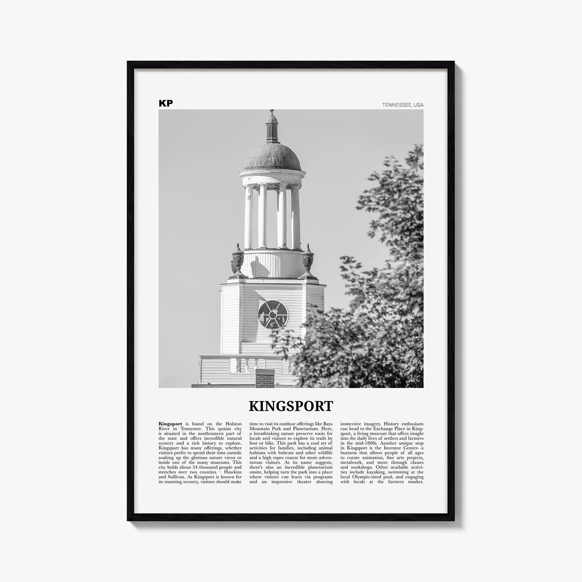 Kingsport black & white newspaper poster of Tennessee, USA – vertical wall art, unframed print shown in interior mockup