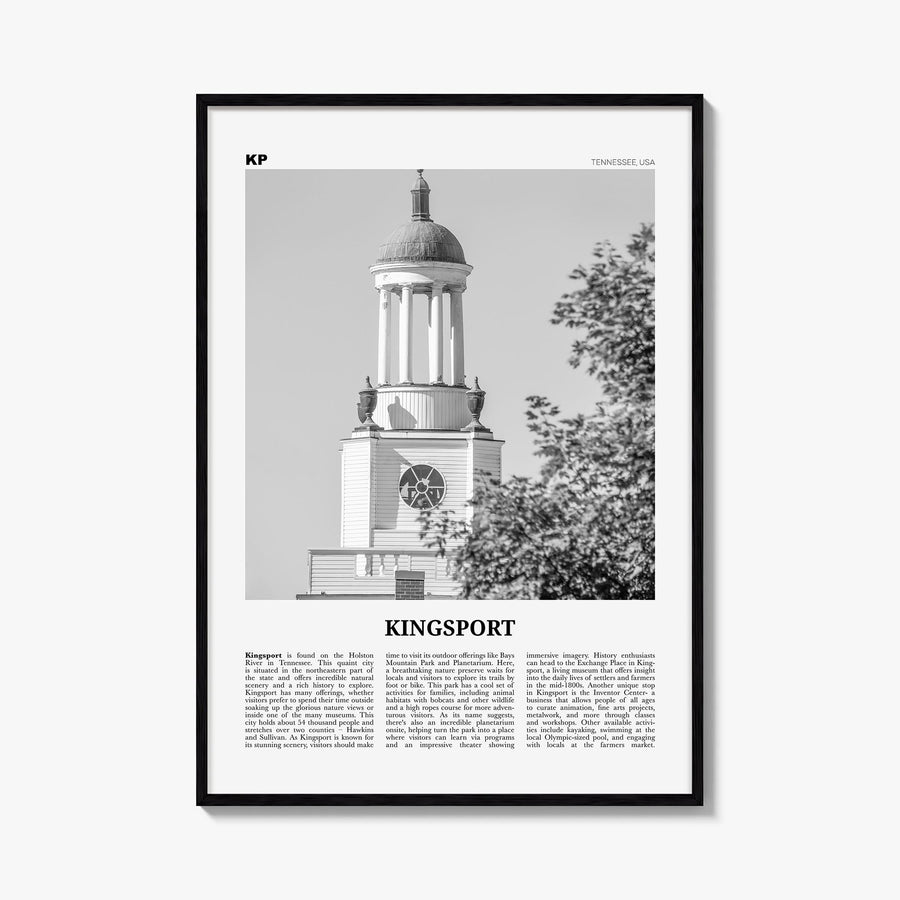 Kingsport black & white newspaper poster of Tennessee, USA – vertical wall art, unframed print shown in interior mockup