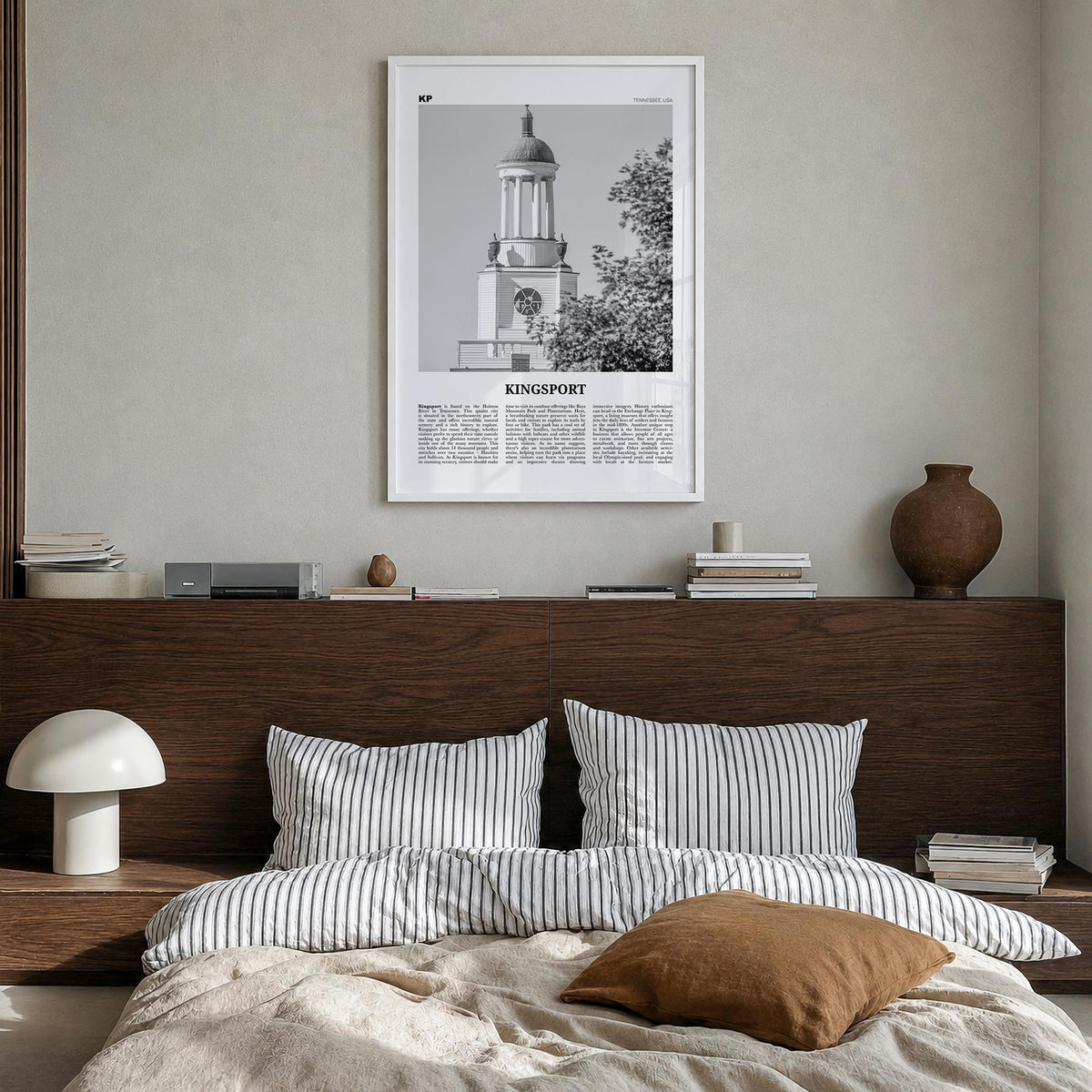 Kingsport black & white newspaper poster of Tennessee, USA – vertical wall art in white wood frame, hanging on wall