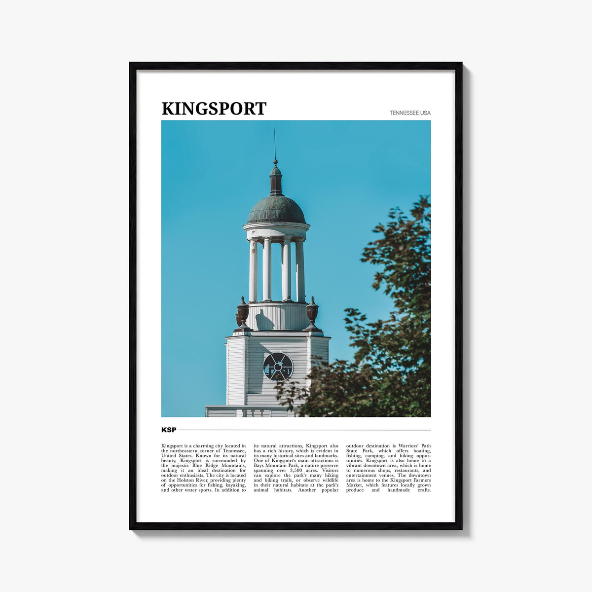 Kingsport colorful travel poster of Tennessee, USA – vertical wall art, unframed print shown in interior mockup
