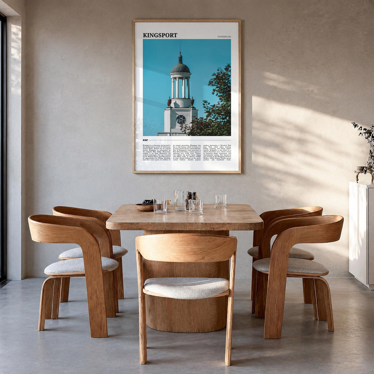 Kingsport colorful travel poster of Tennessee, USA – vertical wall art in natural wood frame, hanging on wall