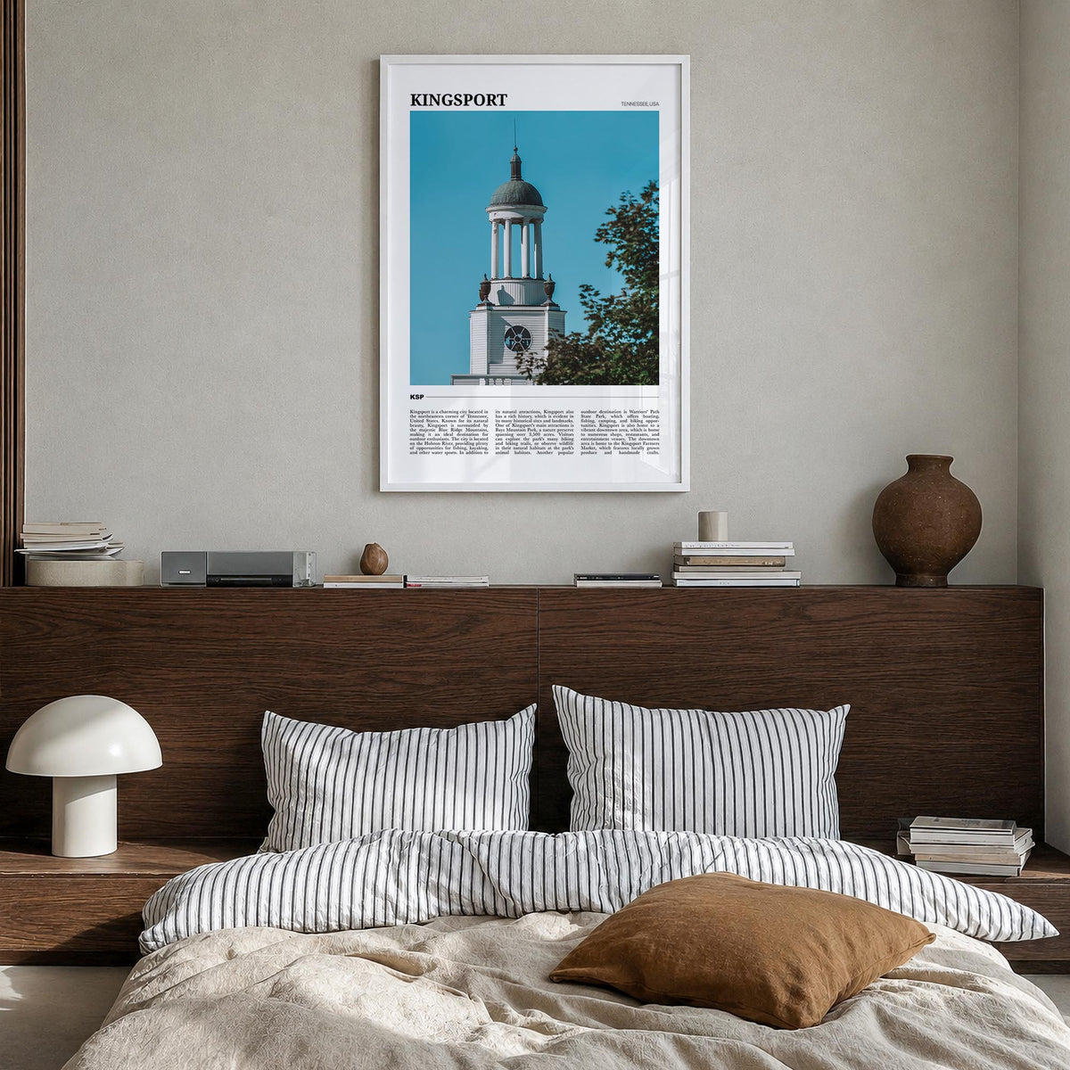 Kingsport colorful travel poster of Tennessee, USA – vertical wall art in white wood frame, hanging on wall