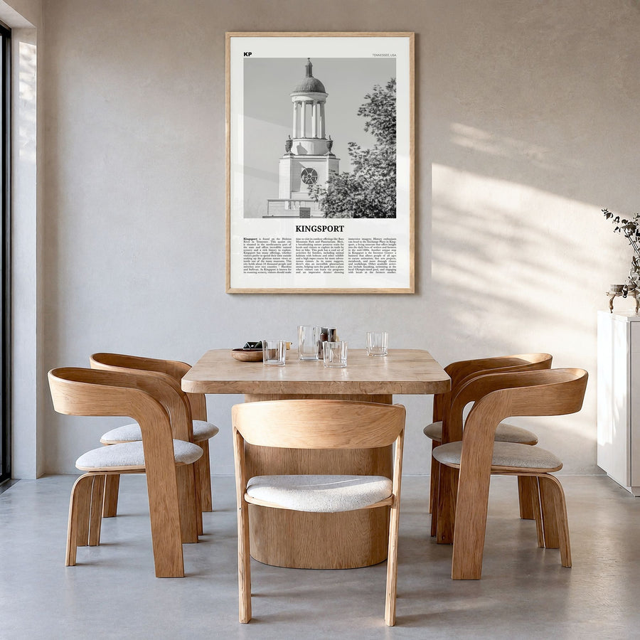 Kingsport Newspaper Poster in a natural wood frame, hanging in a dining room