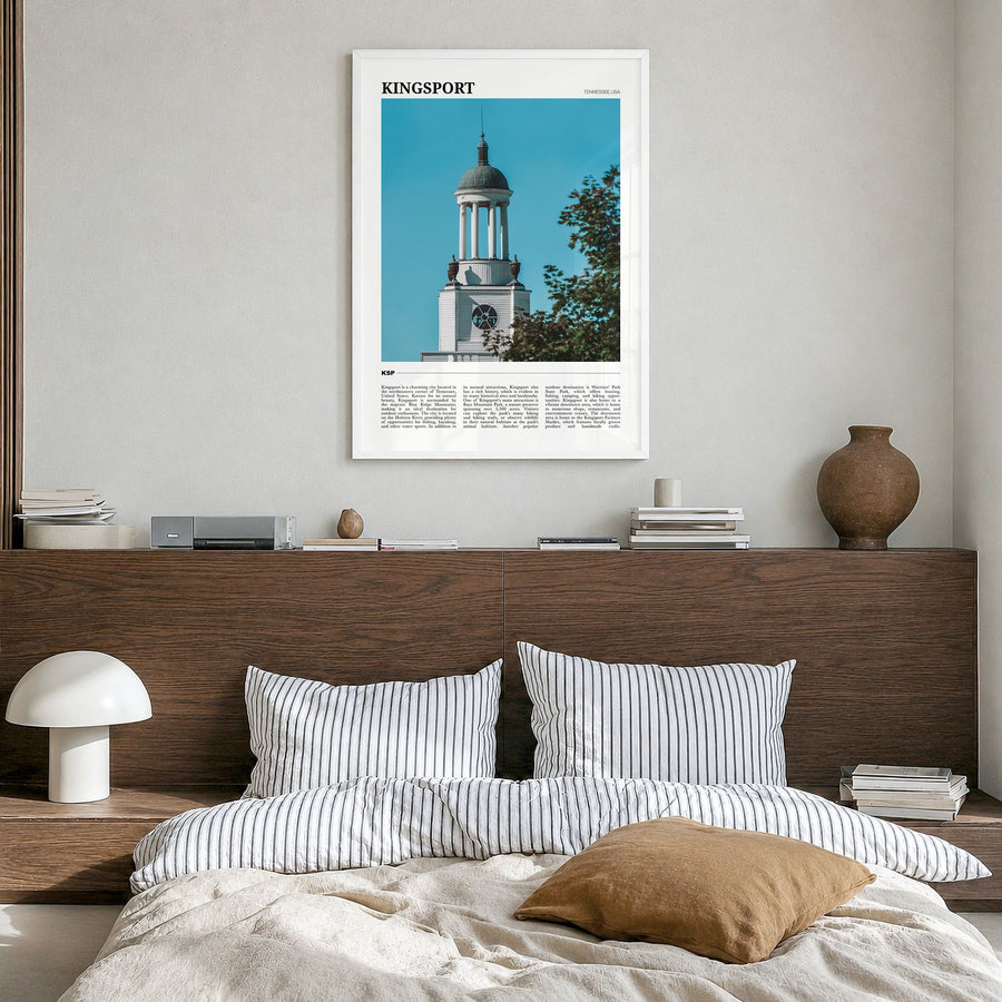 Kingsport Travel Poster in a white wood frame, hanging in a bedroom