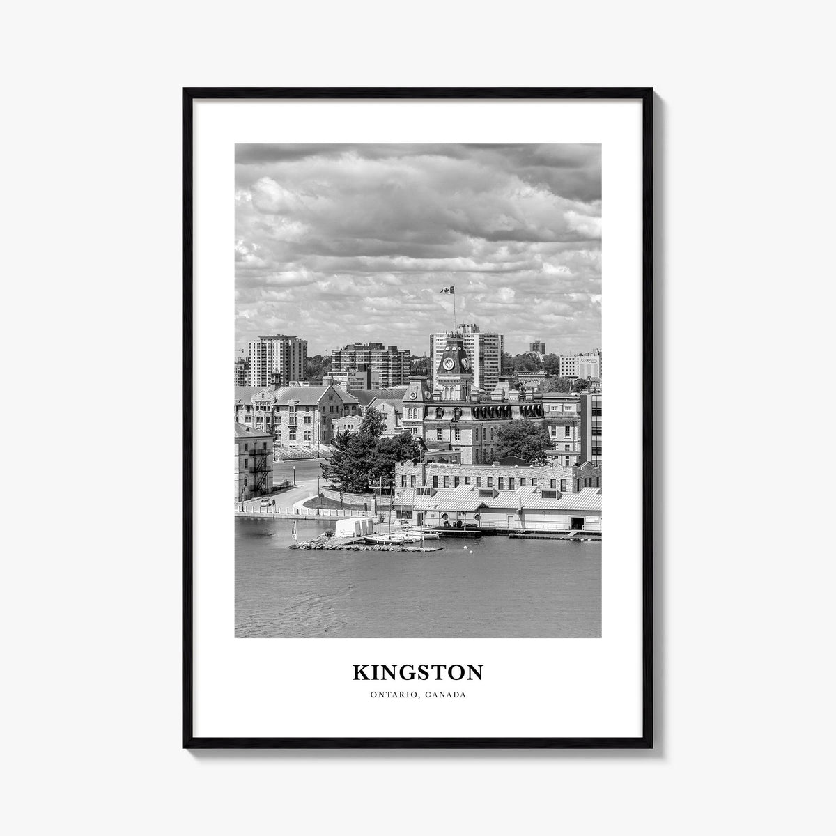 Kingston, Canada black & white classic poster of Canada – vertical wall art, unframed print shown in interior mockup