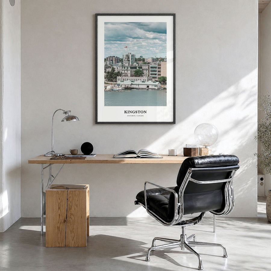 Kingston, Canada Classic Poster in a black wood frame, hanging in a bright home office