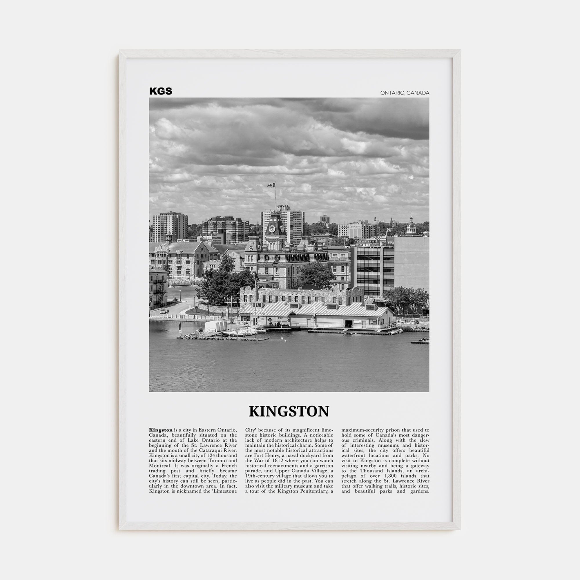 Kingston, Canada Poster White Wood / 8x12 in Nbourhood Travel B&W Poster