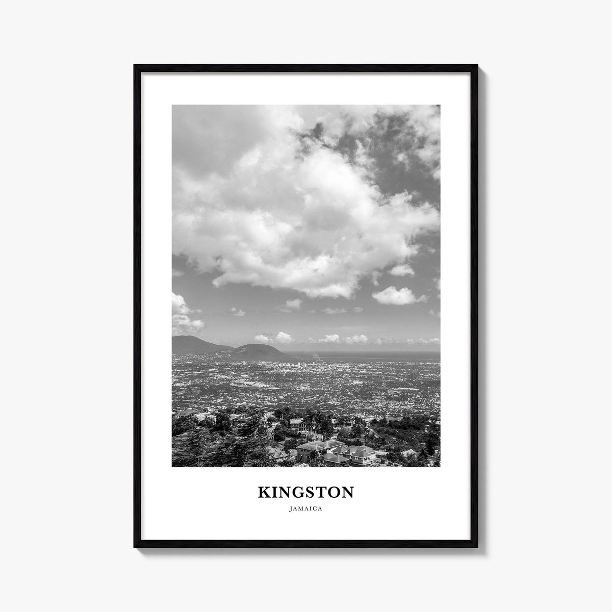 Kingston, Jamaica black & white classic poster of Jamaica – vertical wall art, unframed print shown in interior mockup