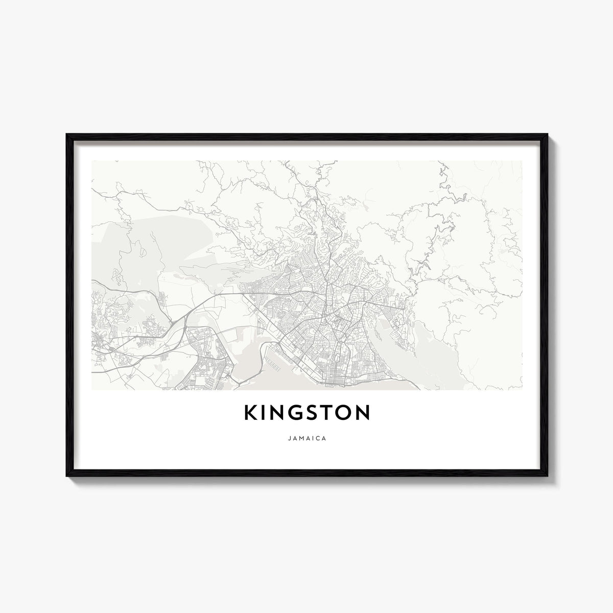 Kingston, Jamaica black & white map poster of Jamaica – horizontal wall art, unframed print shown in interior mockup
