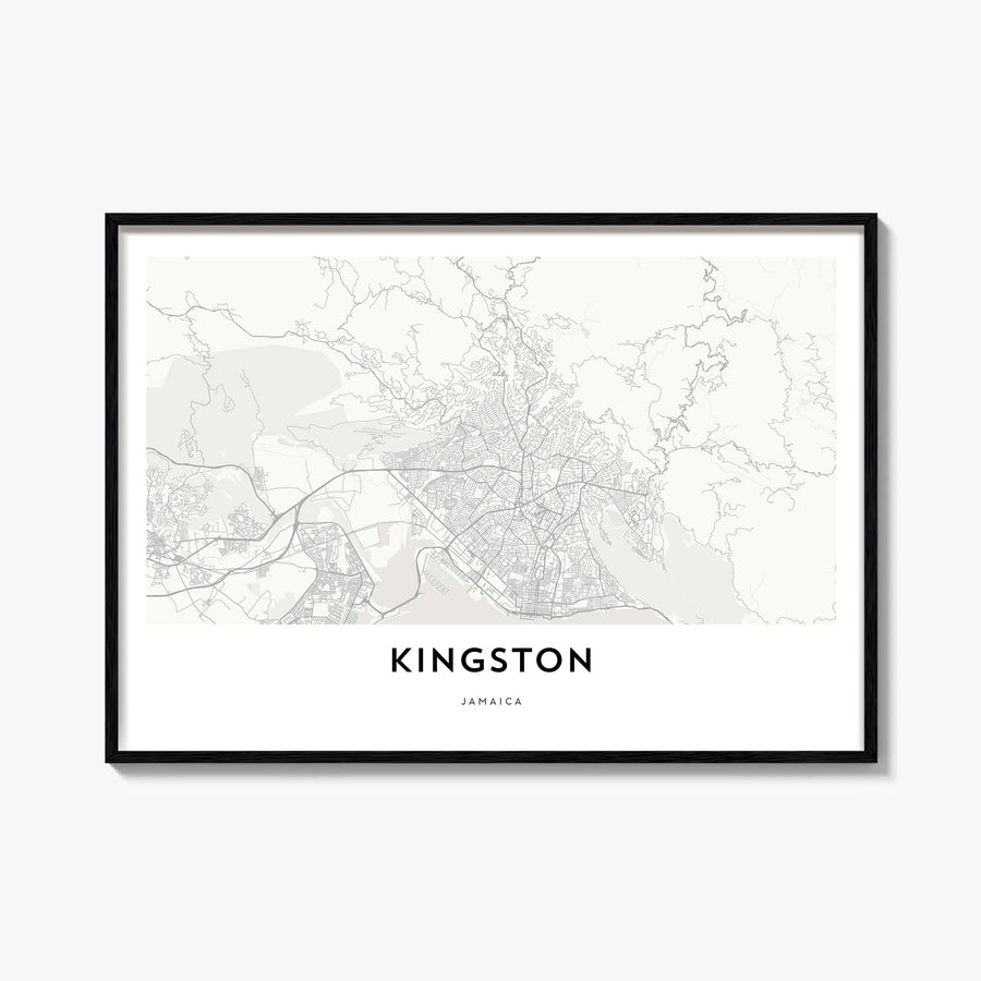 Kingston, Jamaica black & white map poster of Jamaica – horizontal wall art, unframed print shown in interior mockup