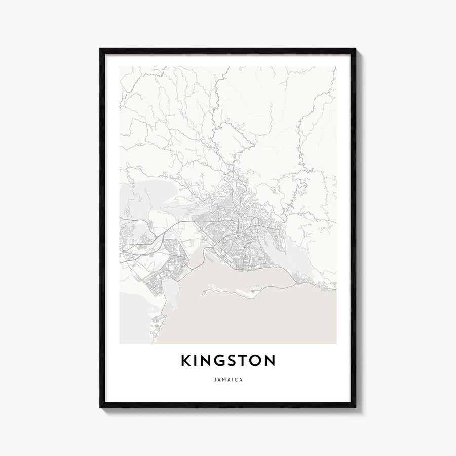 Kingston, Jamaica black & white map poster of Jamaica – vertical wall art, unframed print shown in interior mockup