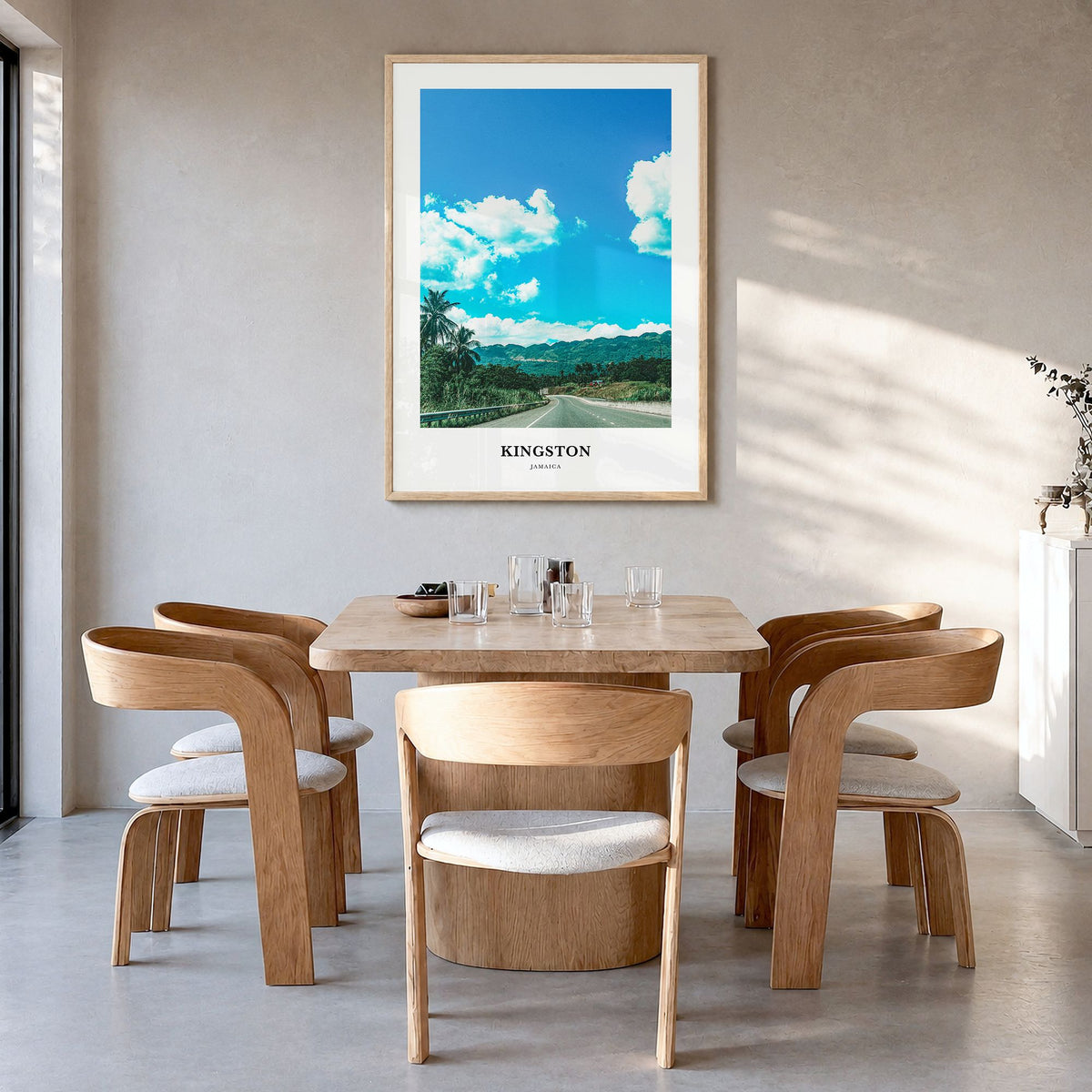Kingston, Jamaica Classic Poster in a natural wood frame, hanging in a dining room