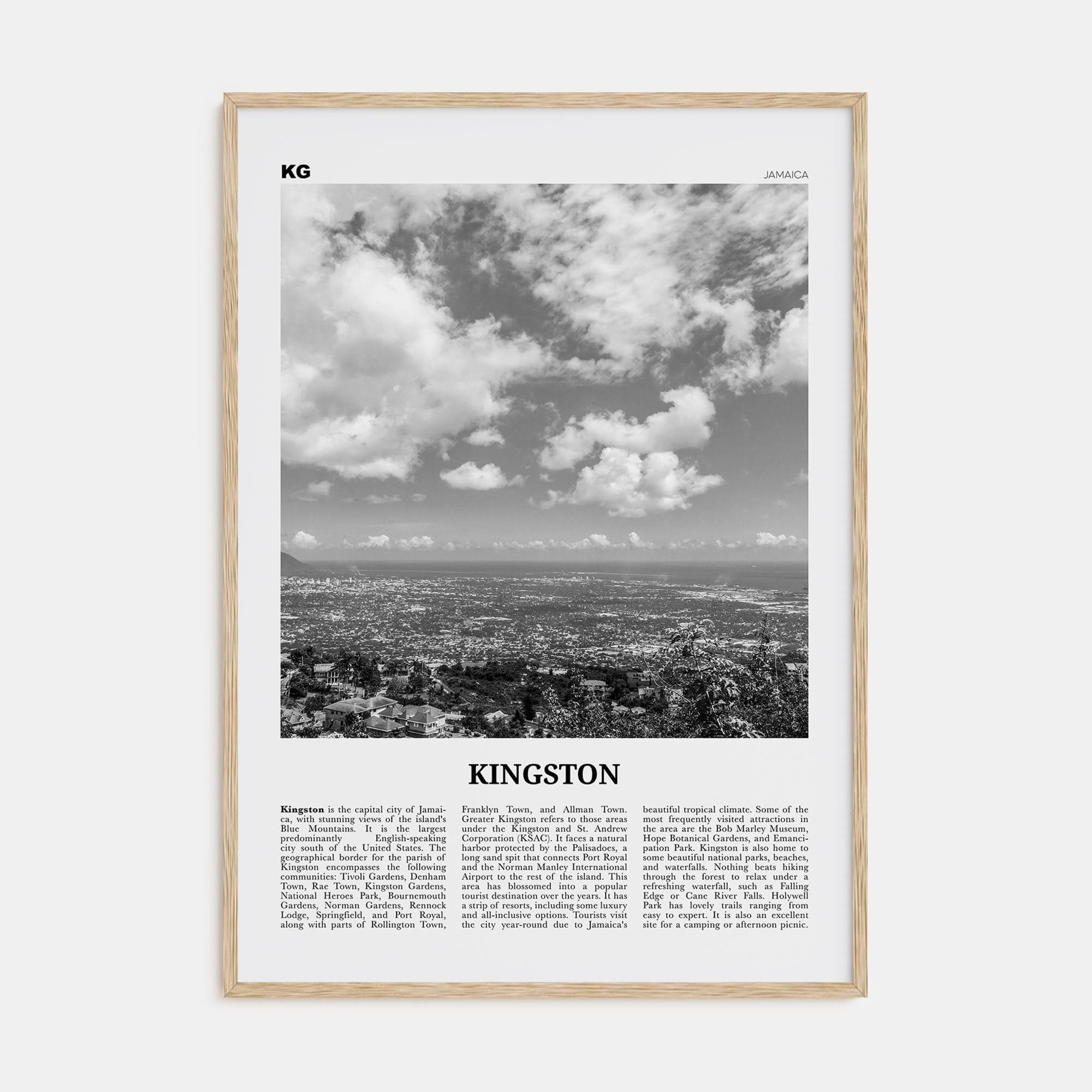 Kingston, Jamaica Poster Natural Wood / 8x12 in Nbourhood Travel B&W Poster