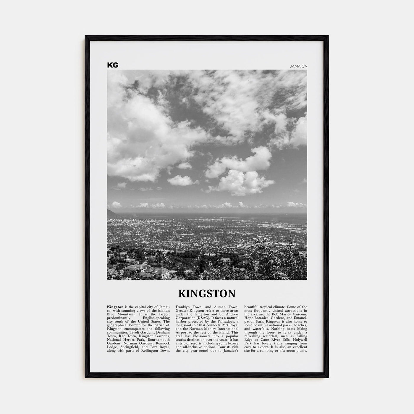 Kingston, Jamaica Poster Black Wood / 8x12 in Nbourhood Travel B&W Poster