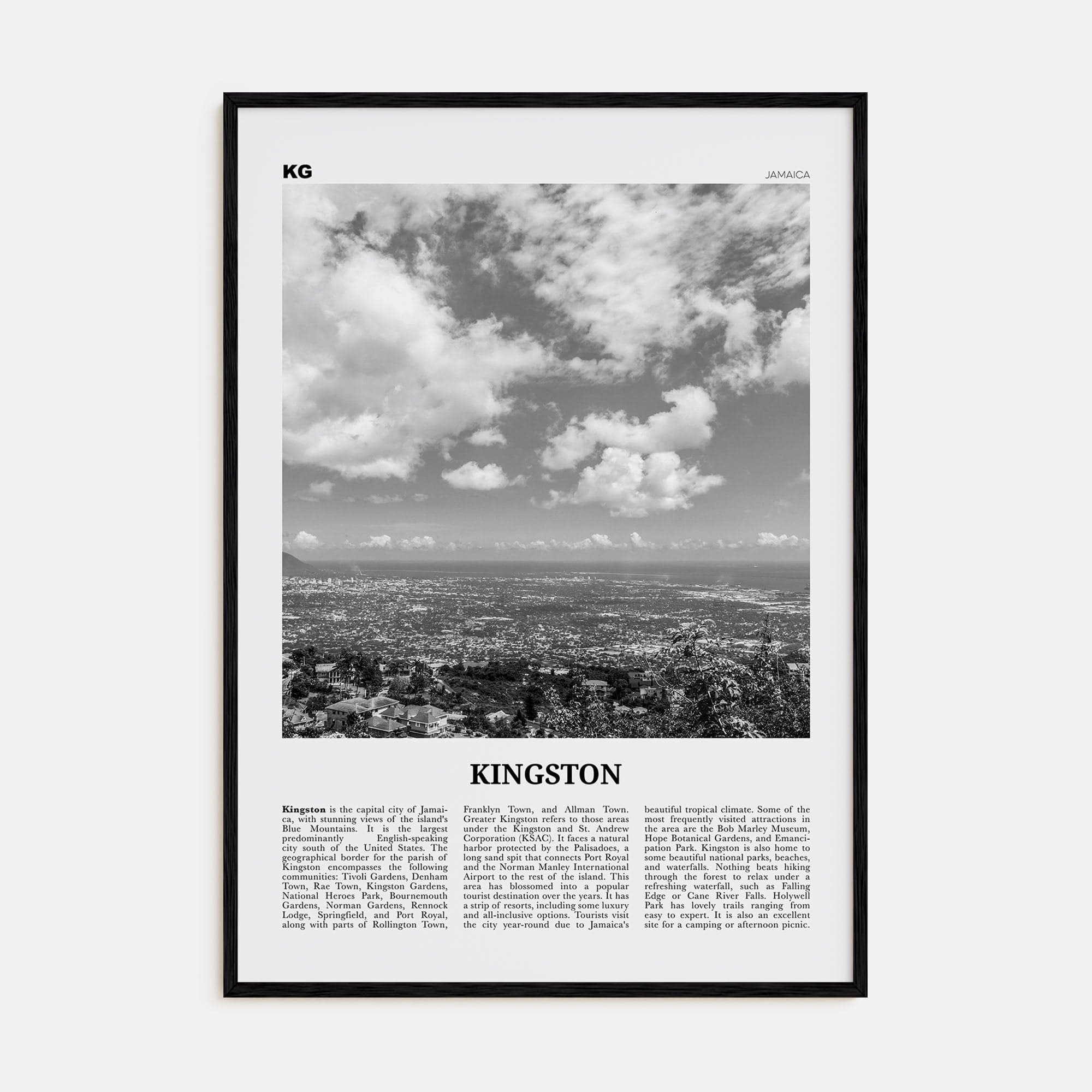 Kingston, Jamaica Poster Black Wood / 8x12 in Nbourhood Travel B&W Poster