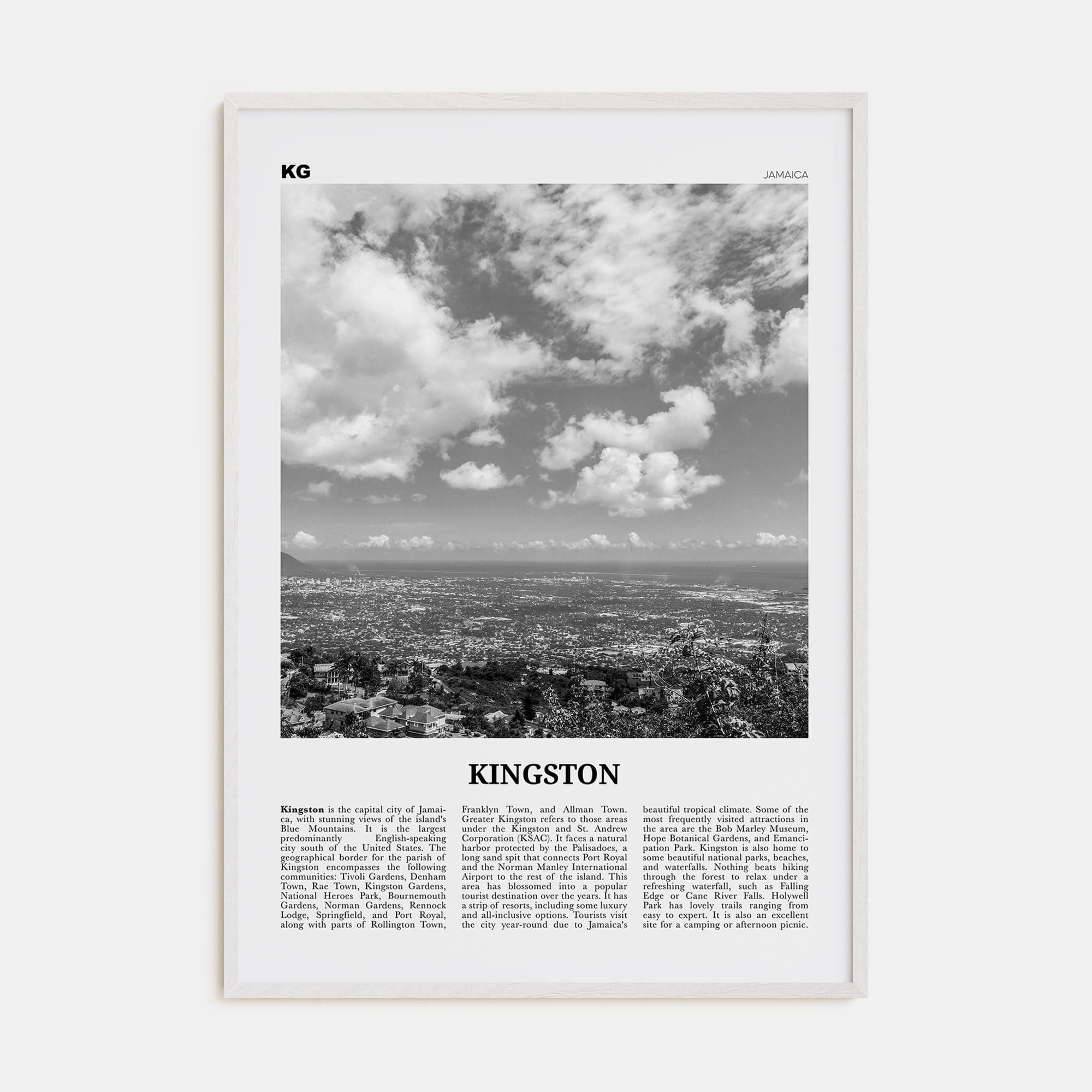 Kingston, Jamaica Poster White Wood / 8x12 in Nbourhood Travel B&W Poster