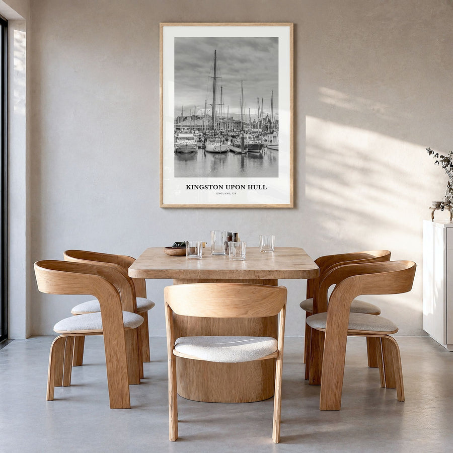 Kingston upon Hull Classic Poster in a natural wood frame, hanging in a dining room