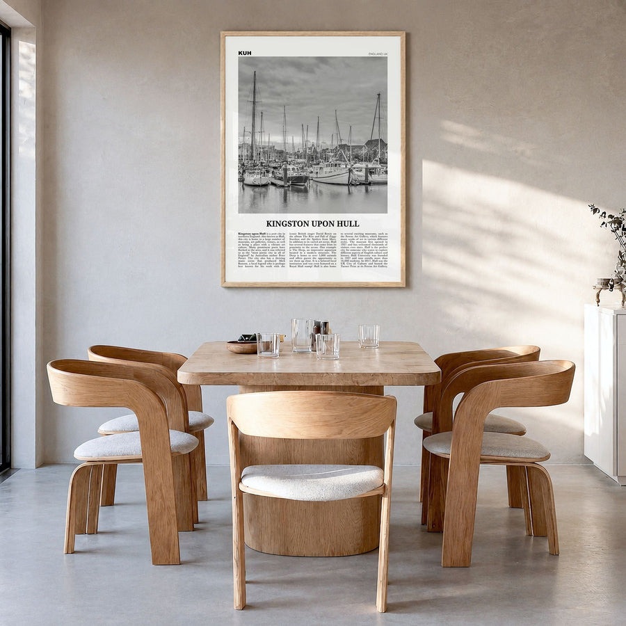Kingston upon Hull Newspaper Poster in a natural wood frame, hanging in a dining room