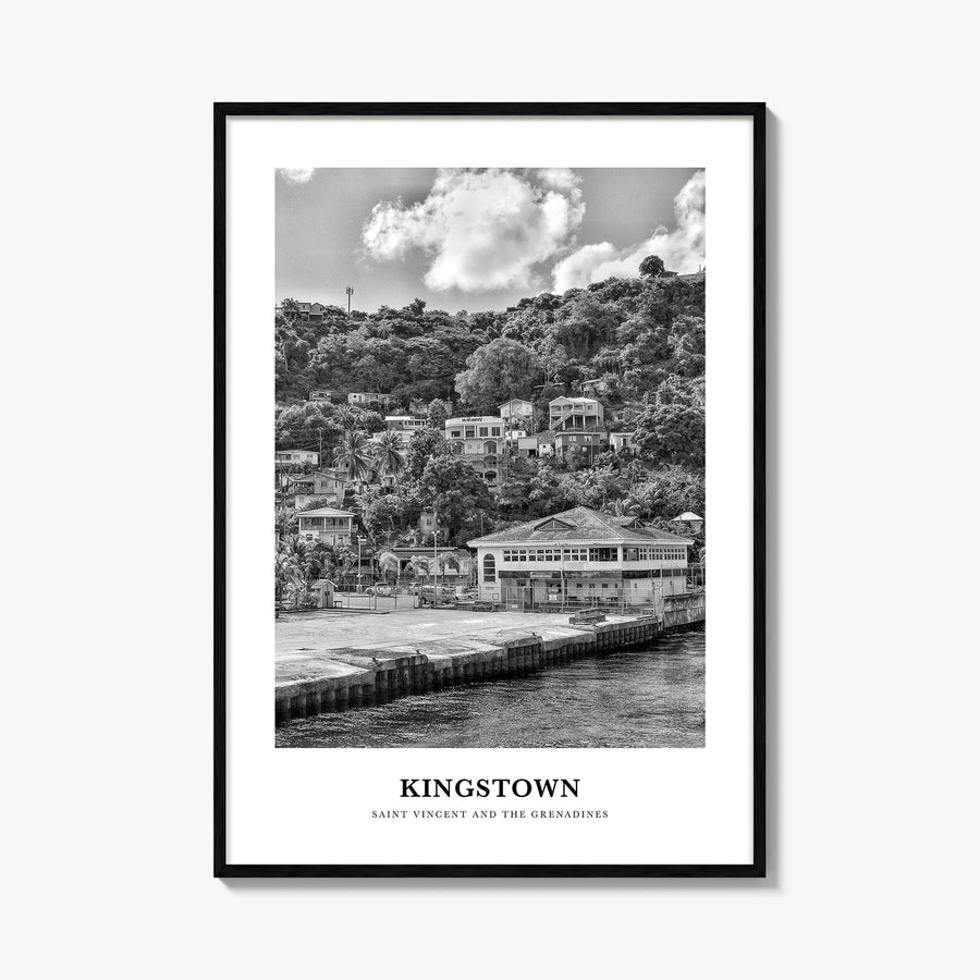 Kingstown black & white classic poster of Saint Vincent and the Grenadines – vertical wall art, unframed print shown in inter