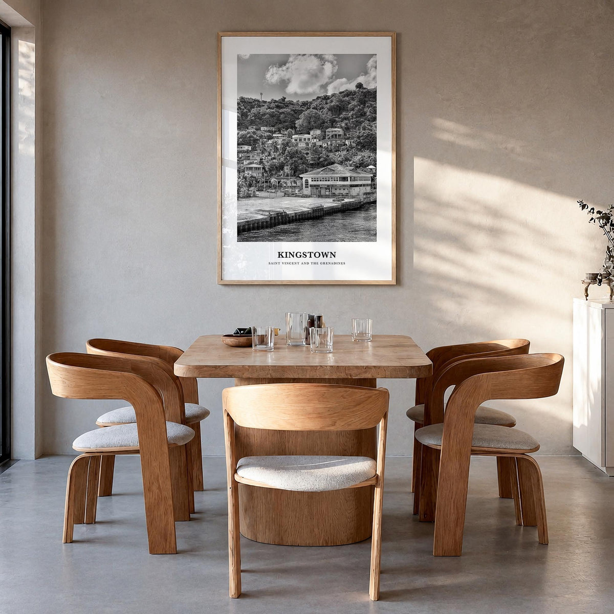 Kingstown black & white classic poster of Saint Vincent and the Grenadines – vertical wall art in natural wood frame, hanging