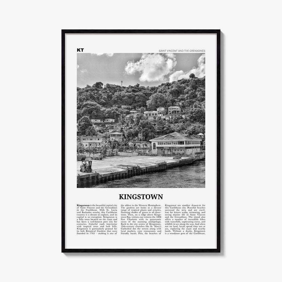 Kingstown black & white newspaper poster of Saint Vincent and the Grenadines – vertical wall art, unframed print shown in int