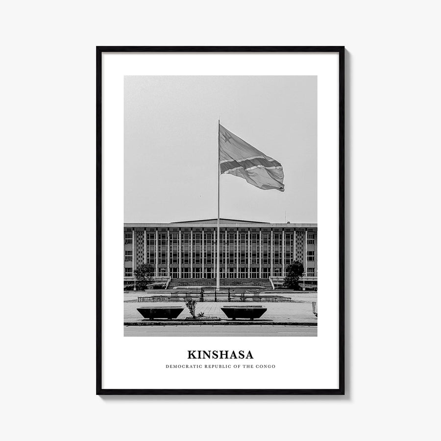 Kinshasa black & white classic poster of Democratic Republic of the Congo – vertical wall art, unframed print shown in interi