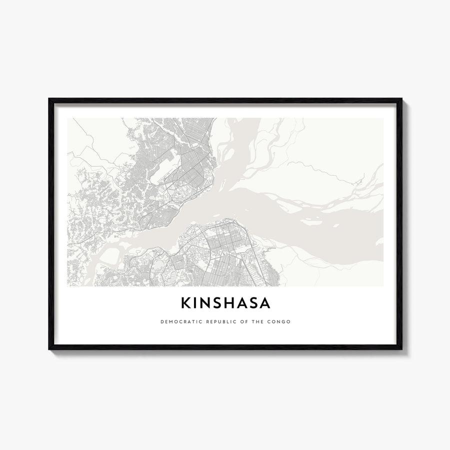 Kinshasa black & white map poster of Democratic Republic of the Congo – horizontal wall art, unframed print shown in interior